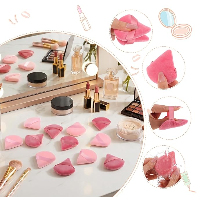 Pimoys 12 Pcs Triangle Powder Puff Pink Velour Makeup Puff, Dry Use for Foundation on Cheeks Forehead Eyes and T-Zone, Reusable for Home Travel and Pro Use