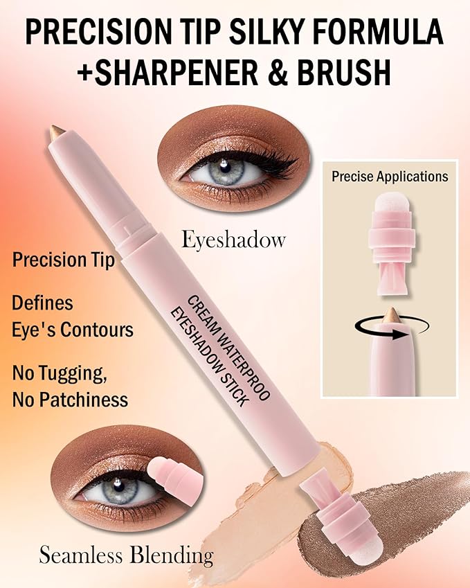 Cream Eyeshadow Stick, Plum Brown Eyeshadow Brightener with Blending Blush & Sharpener, High Pigment Neutral Eye Shadow Stick,Waterproof Smooth Glitter Eyeliner Buildable Eye Makeup for Women-10