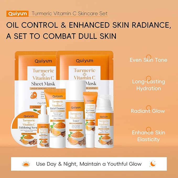 QUIYUM Skin Care Set, Turmeric Vitamin C Skincare 7PCS - Facial Skin Care Routine Kit for Women, Dark Spot Remover for Face, Reduce Acne, Oil Control, Deep Clean, Birthday Mother's Day Gifts Sets