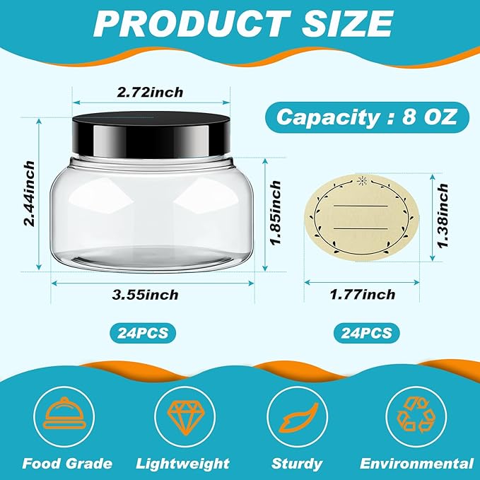 Tessco for you 24 Pack Plastic Jars with Lids Labels Multiuse Slime Containers Empty Body Scrub Jars Round Refillable Cosmetic Body Butter Container for Makeup (8 oz,Clear,Black)