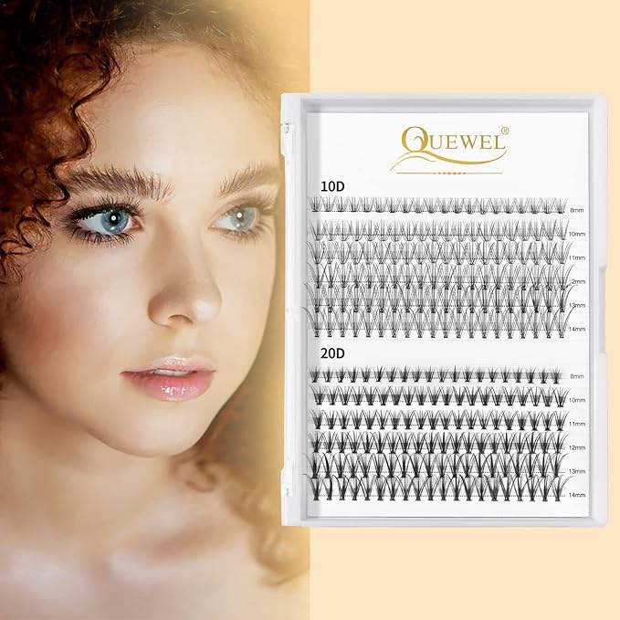 QUEWEL Cluster Lashes 240Pcs 10D+20D D Curl Mix8-14mm Lash Extensions Soft&Natural False Eyelashes Individual DIY Eyelash Extension at Home(10D+20D D MIX8-14)