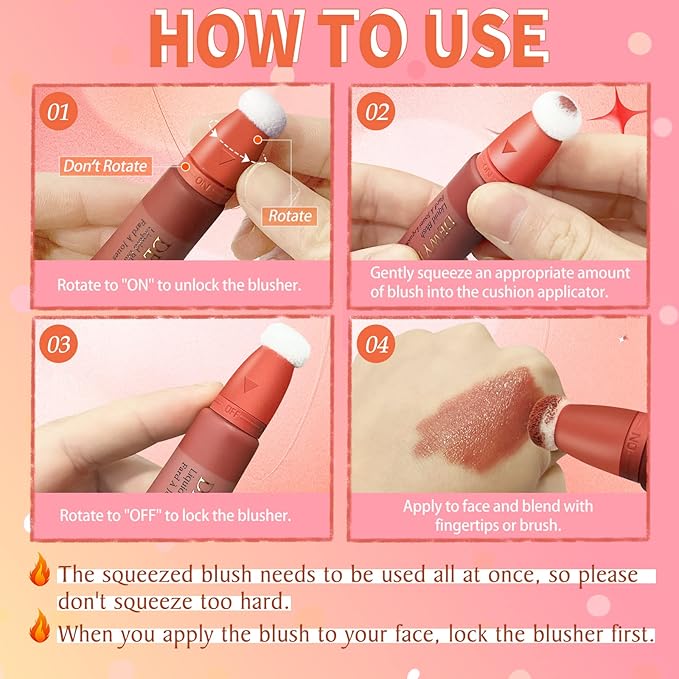 Liquid Blush Makeup Wand, Cream Blush Stick with Cushion Applicator For Cheeks Tint, Natural-looking, Glow Dewy Finish, Weightless Blendable Liquid Rubor | #103 EBULLIENT-Cool Pink