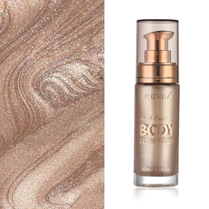 Body Shimmer Oil, Rose Gold Natural Glow Luminizer, Long Lasting Moisturizing Liquid Illuminator Highlighter Makeup for a Sun-Kissed Glow, Brush Include, 1oz, Light Medium