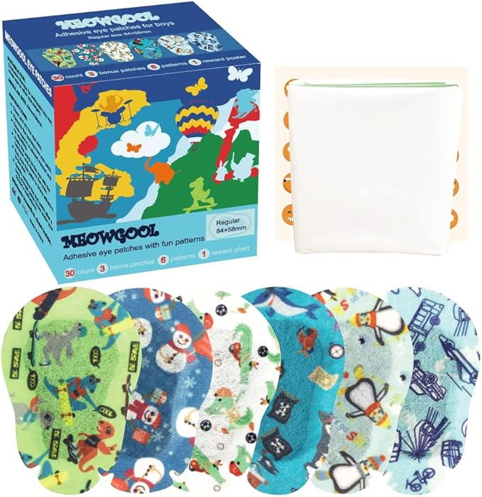 Adhesive Eye Patches for Kids with Lazy Eye, Adhesive Bandages for Amblyopia, 6 Fun Designs for Boys (Regular Size)