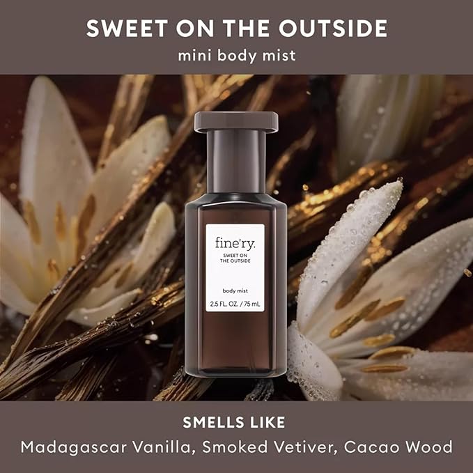Fine'ry Vanilla Gourmand Mini Hair + Body Fragrance Mist Spray for Women & Girls - Sweet on the Outside - Vanilla, Cacao Wood & Smoked Vetiver, Cruelty-Free, Long-Lasting, Gift for Teens (2.5 Fl Oz)