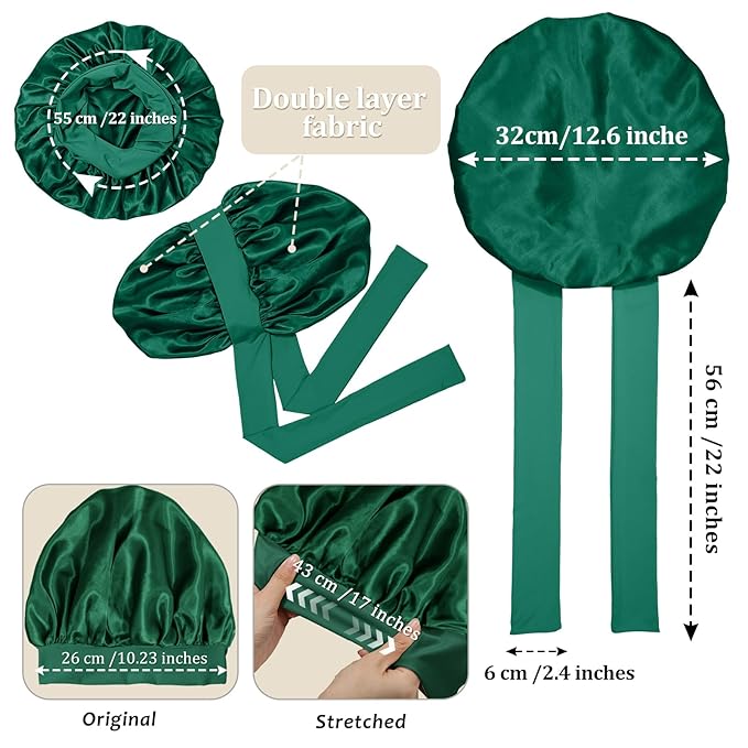 AWAYTR Satin Bonnet for Women Tie Band Hair Bonnet Large 2 Layered Silk Sleeping Cap Nightcap with 3PCS Hair Scrunchies (Green)
