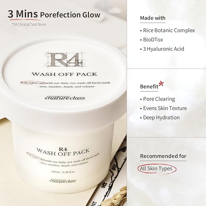 R4 Rice Wash Off Facial Mask – 4-in-1 Korean Skin Care, Pore Refining, Gentle Exfoliating, Hydrating, Smooth Texture, Rice Ferment & Enzyme, Soft Cream Wash-Off, 3.38 fl oz
