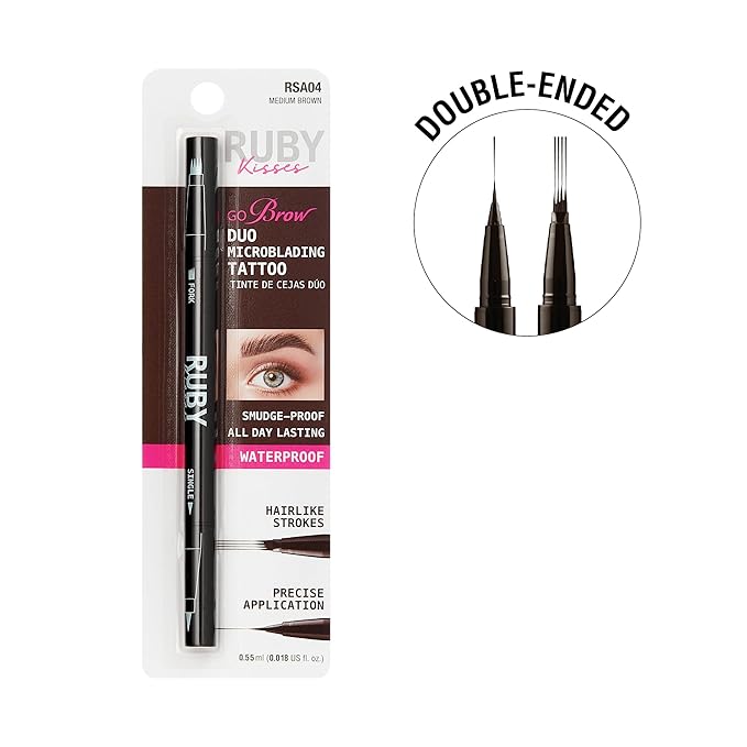 Ruby Kisses Go Brow Microblading Eyebrow Pen, Waterproof Eyebrow Pencil for Women, Dual-Ended Liquid Tattoo Brow Pencil with 4-Fork & Precise Brush Tip for Natural Hair-Like Strokes (Medium Brown)