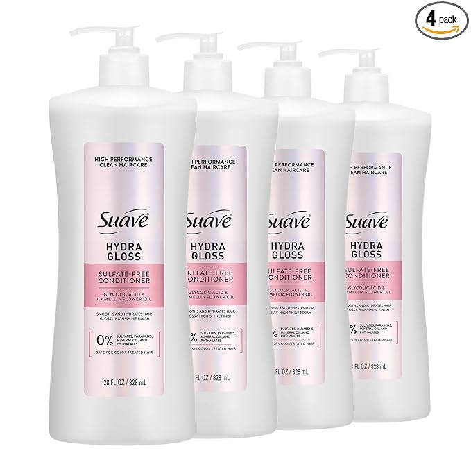 Suave Hydra Gloss Sulfate Free Conditioner with Glycolic Acid & Camellia Flower Oil for Hydrated, Smooth, Glossy Shine, 4 Count, 28 FL OZ