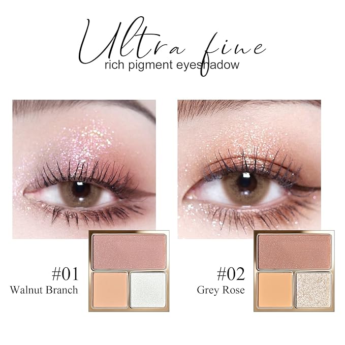 KYDA 3 Colors Eyeshadow Palette, Peach Nude Beige Matte Shimmer Grey Rose Eyeshadow, Pale Champagne Pearl Eyes Shadow, High Pigmented Lasting Ultra-fine Neutral Eye Shadow, Mini Eyes Glitter Makeup