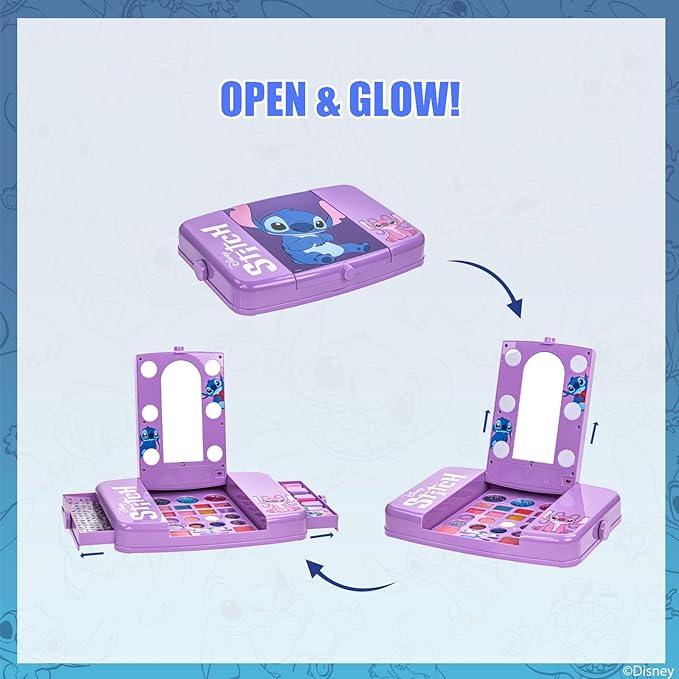 Disney Stitch Beauty Vanity Set with Light-Up Mirror, Includes Lip Gloss, Eyeshadow, Blush, Brushes, Nail Polish, Accessories, Batteries Not Included, Ages 13+, for Gift-Giving, by Townley Girl