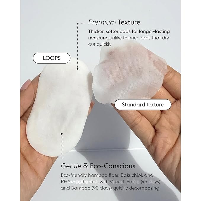 LOOPS Exfoliating Toner Korean Skincare - Refine, Resurface, and Rebalance Skin - Pre-soaked Veocell Embo Pad - Vegan, Natural, Biodegradable Gentle Toner Pads for Face - Pack of 60