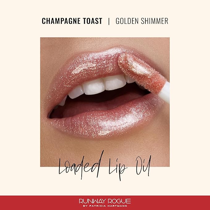 Runway Rogue Loaded Lip Oil, Hydrating and Plumping Lip Shimmer Oil with Tri-Peptide Formula, Pale Pearlescent Nude Shimmer, ‘Champagne Toast’