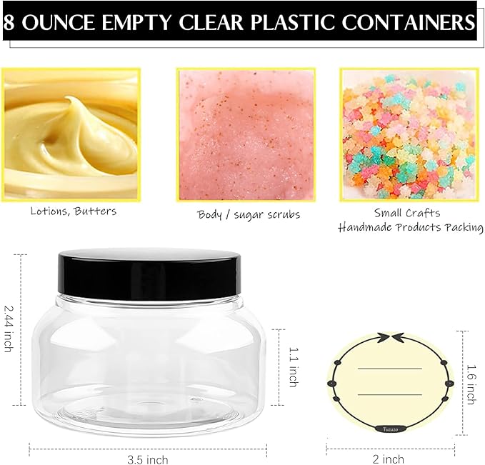 TUZAZO 8 Oz Premium Plastic Tuscany Jars with Lids BPA Free, 24 Pack Empty Sugar Scrub Containers, Round Clear Cosmetic Containers for Body Butter, Lotion, Cream, Gel, Beauty Product