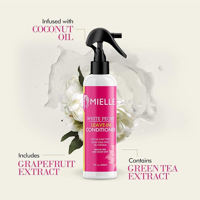 Mielle Organics White Peony Leave-In Conditioner Spray - Ultra-Moisturizing Detangler for Curly & Natural Hair - Frizz Control & Moisture Seal - Color-Safe & Sulfate-Free, 8 Fl Oz