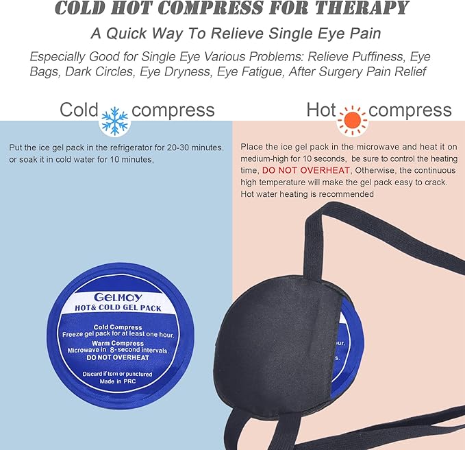 Cooling Eye Patches for Puffy Eyes, Pure Silk Ice Eye Patch, Single Eye Mask, Medical One Eye Cover Cold Hot Therapy Strabismus Lazy Eyes After Surgery Adult Kid Pirate Eyepatch (Small-Black)