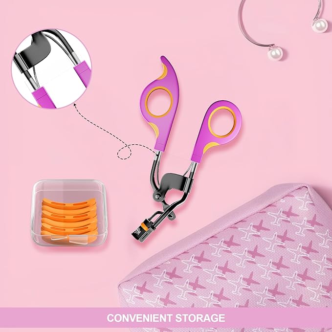 Eyelash Curlers with 6PCS Extra Replacement Pads, Premium Quality Eye Lash Curler, Superior Curling Effect, Easy to Hold and Use, Valentine's Day Gift for Her - Orange Purple Handle