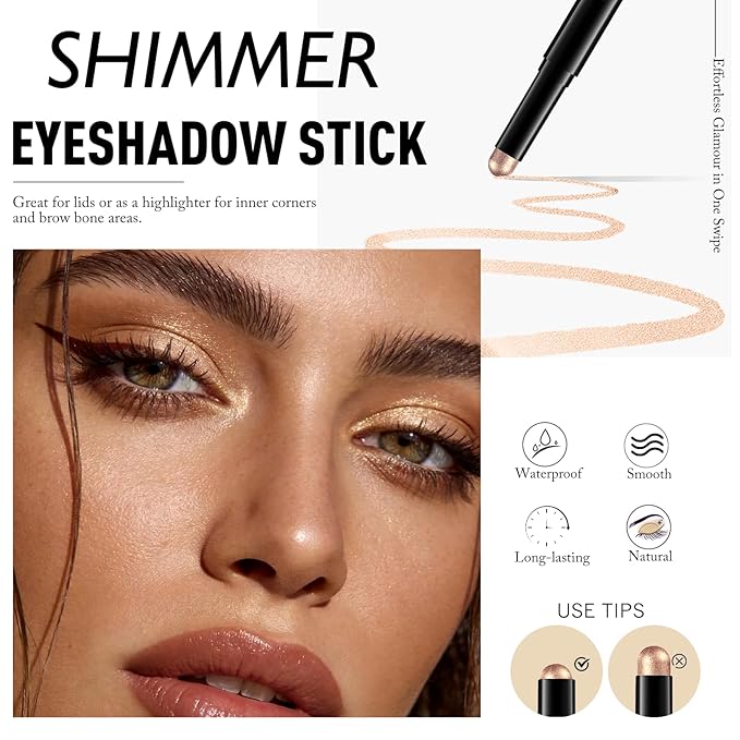 Cream Eyeshadow Stick, Golden Shimmer Eye Shadow Pencil Waterproof & High Pigmented Crease-Proof Neutral Eyeliner Blendable Eyeshadow Crayon Daily Makeup for Women