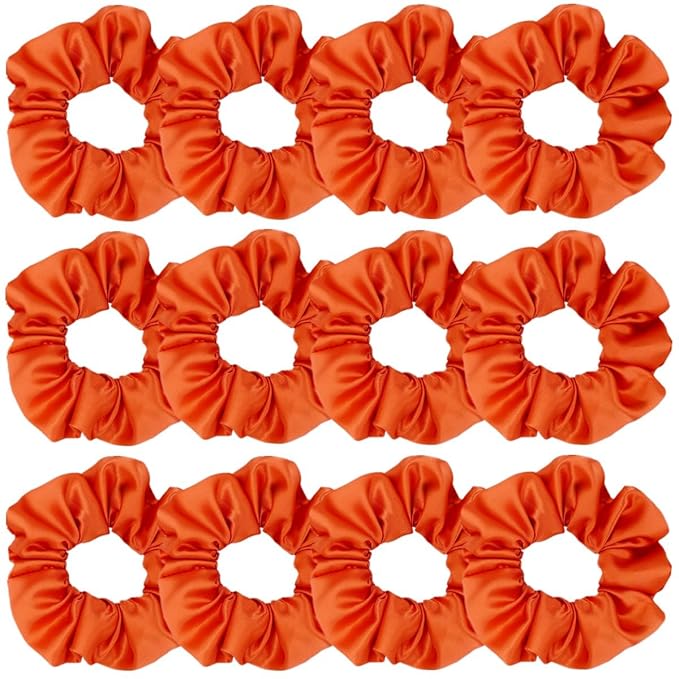 12 Pcs Satin Silk Scrunchies, Soft Hair Ties, Fashion Bands, Bows, Ropes, Elastic Ponytail Holders, Accessories for Women and Girls (4.3 Inch, Orange)