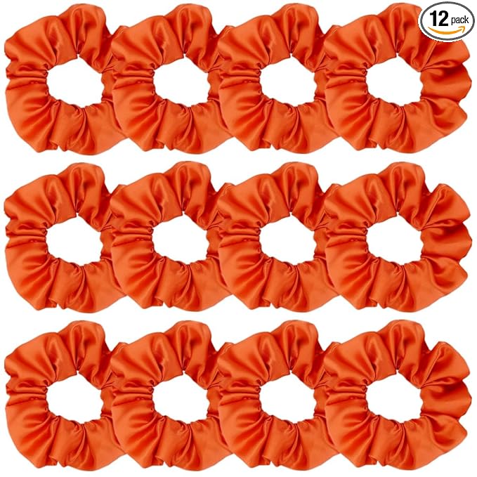 12 Pcs Satin Silk Scrunchies, Soft Hair Ties, Fashion Bands, Bows, Ropes, Elastic Ponytail Holders, Accessories for Women and Girls (4.3 Inch, Orange)
