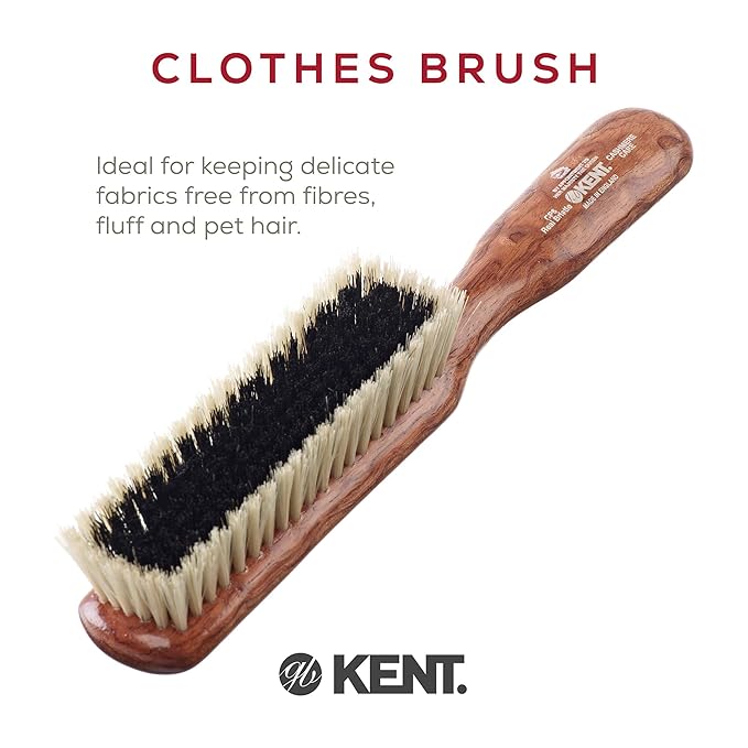 Kent CP6 Clothes Brush. Cashmere Care Dark Wood with Black & White Boar Bristle, Lint Remover for Wool and Silk for Keeping Delicate Fabrics Free from Fibres, Fluff and Pet Hair. Made in England