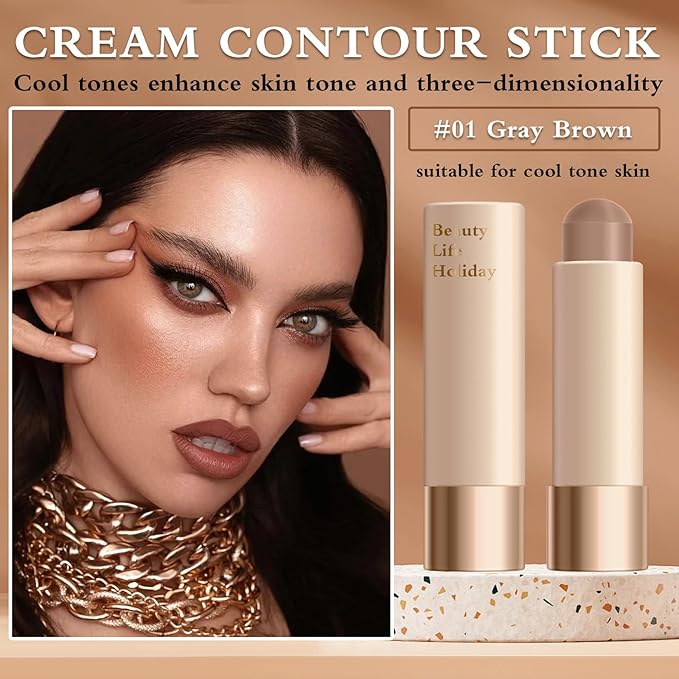 Cool Toned Contour Stick Makeup,Blendable and Smooth Cream Contour Stick,Lightweight Face Shaping Cream Bronzer Stick for contorno maquillaje - 01 Gray Brown