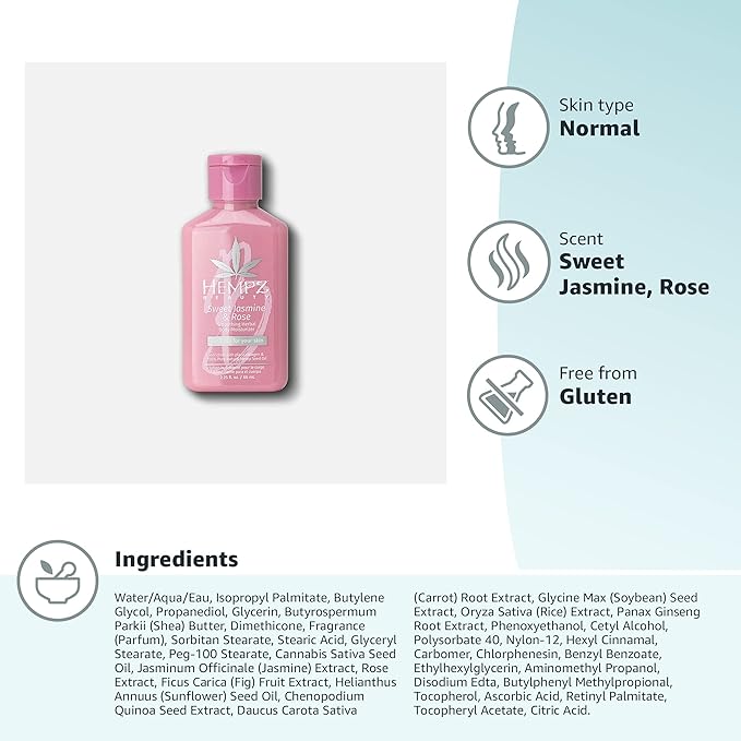 Hempz Mini Collagen-Infused Jasmine & Rose Body Moisturizer, 2.25 oz - Paraben-Free, Vegan, Cruelty-Free (Pack of 2)