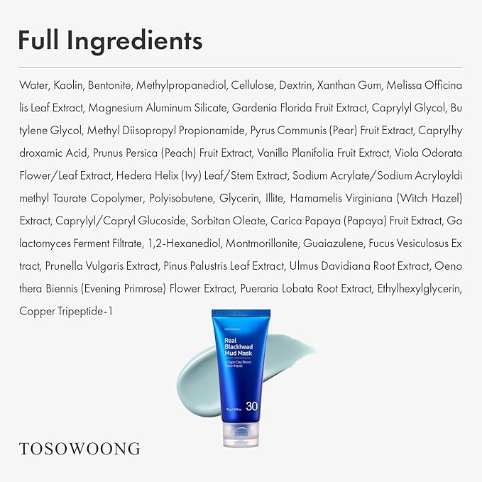 TOSOWOONG Real Blackhead Mud Mask, Facial & Nose Pore-Purifying Clay - Korean Mud Mask, Pore Tightening, Deep Pore Cleaner, Cooling & Quick Dry Formula Face Mask, Oil Control, 100 g / 3.52 oz.