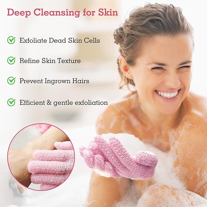 Evridwear Exfoliating Glove Shower Gloves Exfoliate Dead Skin for Dry Sensitive Skin No Irritation with Hanging Loop (Pink Moderate Exfoliation)
