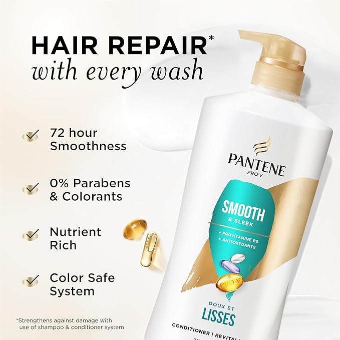 Pantene Conditioner, Smooth and Sleek - Frizz Control with Antioxidants, 72 Hour Smoothness, Nourishing for All Hair Types - Curly, Dry, Color-Treated, Paraben Free, 25.1 Fl Oz