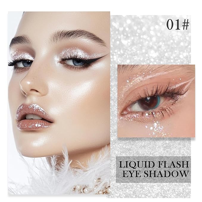 Liquid Glitter Eyeshadow Eyeliner, High Pigment Metallic Shimmer Eyeshadow Liner, Quick Drying Sparkle Eye Shadow, Lightweight Long-Lasting Shiny Eyes Liner Highlighter Makeup, 01# Bling Silver