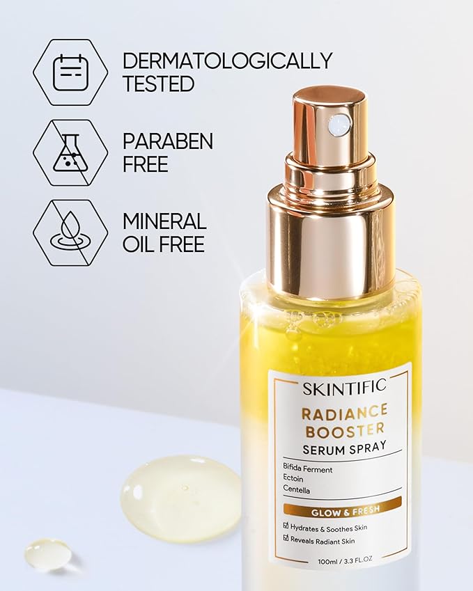 SKINTIFIC Radiance Booster Serum Spray, Hydrating Face Mist with Bifida Ferment & Squalane, Glow Serum for Radiant Skin, Soothes Skin, Vegan Skin Care, All In One Mist 3.3 fl oz