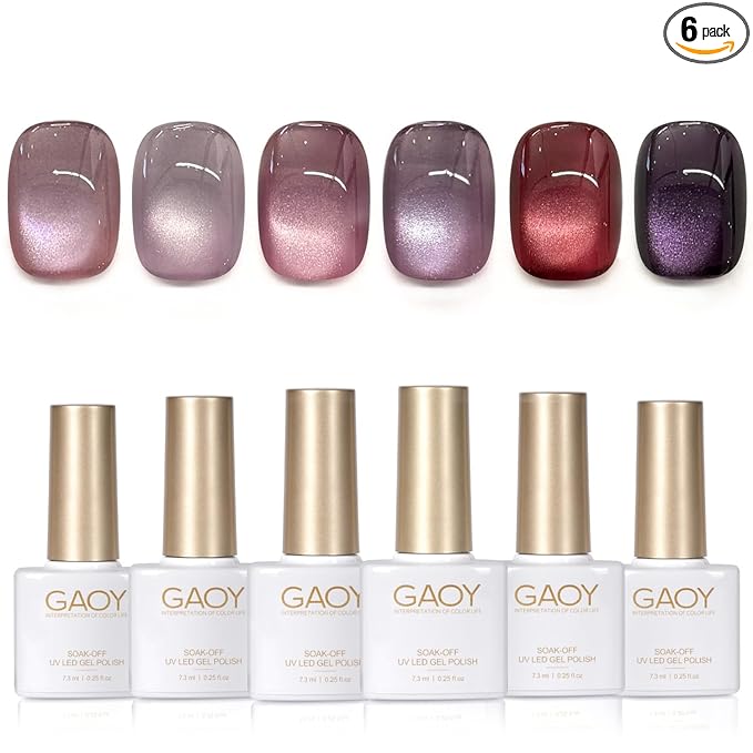 GAOY Purple Cat Eye Gel Polish Set, 6 Cosmic Violet Shades with Magnetic Glitter Effec, Galactic Glitter Gel for Mystic Nail Art