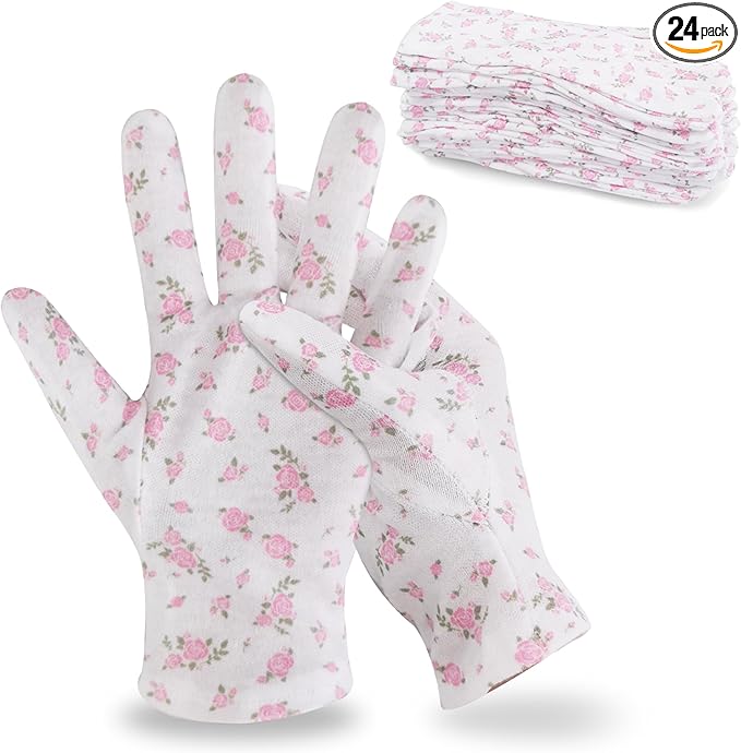 HandLove Premium 100% Cotton Gloves | Moisturizing Gloves for Dry Hands | Overnight Sleeping & Eczema | White Floral Dots, 12 Pairs