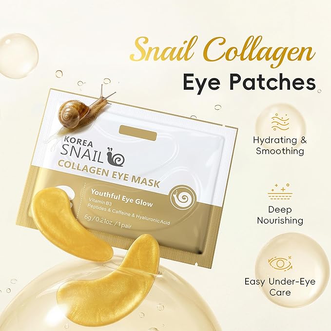 5 Pairs Snail Collagen Eye Mask, Under Eye Patches Collagen Pads with Peptides & Hyaluronic Acid, Hydrating & Smoothing, Reduces Puffiness Dark Circles & Fine Lines, Radiance Skin