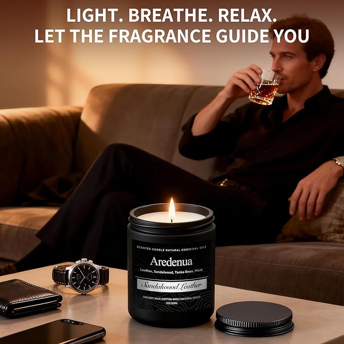 Sandalwood Leather Candle, Manly Candles for Home Scented, Masculine Aromatherapy Gifts for Men - 7oz Soy Candle, 50 Hours Burn Time, Perfect for Relaxing Home Fragrance