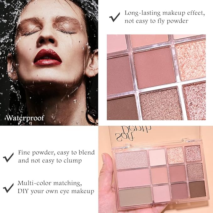 AMY'S DIARY Pink, Nude, and Shimmer Eyeshadow Palette Eye shadow Makeup,Rose Gold Eyeshadow Shimmer Glitter Eyeshadow Waterproof Pallete, Eye Make Up (12-02)