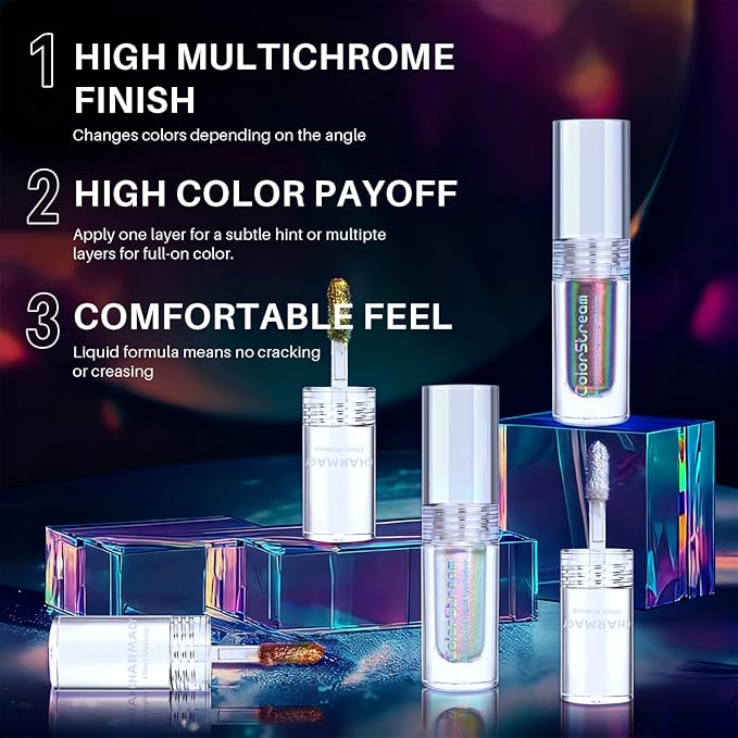 CHARMACY Multichrome Liquid Metallic Eyeshadow, Chameleon Shifting Color, Holographic Glitter Eyeshadow, Long Lasting Wear, Vegan Eye Topper for Party, Daily Makeup #02