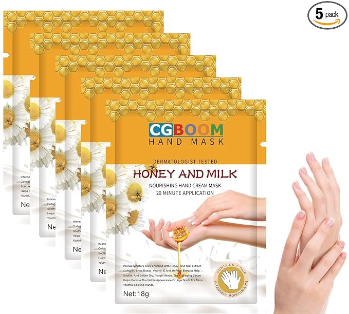 CGBOOM 5 Pairs Hand Masks Moisturizing Gloves, Hand Skin Repair Renew Mask Infused Collagen, Vitamins + Natural Plant Extracts for Dry, Aging, Cracked Hands (Honey and Milk)
