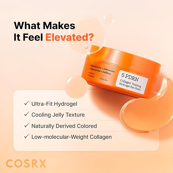 COSRX 5-PDRN Complex Collagen Gel Eye Patches for the look of Dark Circles and Uneven tone, Radiance Care for Tired Under-Eyes with Salmon DNA & Vitamin C, Korean Skincare, Mothers day gift for Mom