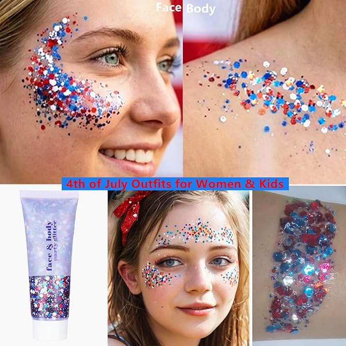 Go Ho Red White and Blue Body Glitter,4th of July Outfits for Women&Kids,Patriotic USA Flag Face Hair Glitter for Memorial Independence Day,Holographic Chunky Glitters Sequins,4th of July Accessories