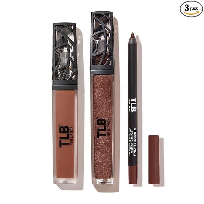 The Lip Bar Vegan Lip Kit, with Straight Livin' Lip Liner, Naturalista Liquid Matte Lipstick, and Extra Non-Sticky Lip Gloss, 3 pieces