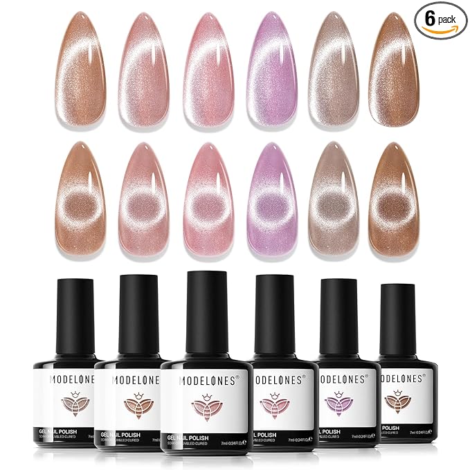 modelones Cat Eye Gel Nail Polish 6 Colors Nude Pink Brown Purple Cat Eye Nail Polish Glitter Semi-transparent Holographic 9D With Magnet Pastel All Seasons Soak Off Led Nail Art DIY Salon Gifts