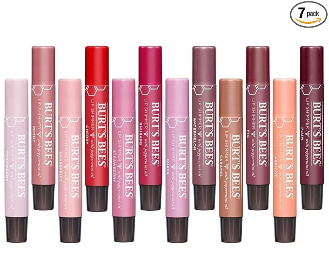 Burt's Bees 7 Pack 100% Natural Lip Shimmer Gift Set PICKED at RANDOM - Apricot, Cherry Champagne, Peony, Rhubarb, Guava, Watermelon, Carmel, Fig, Plum