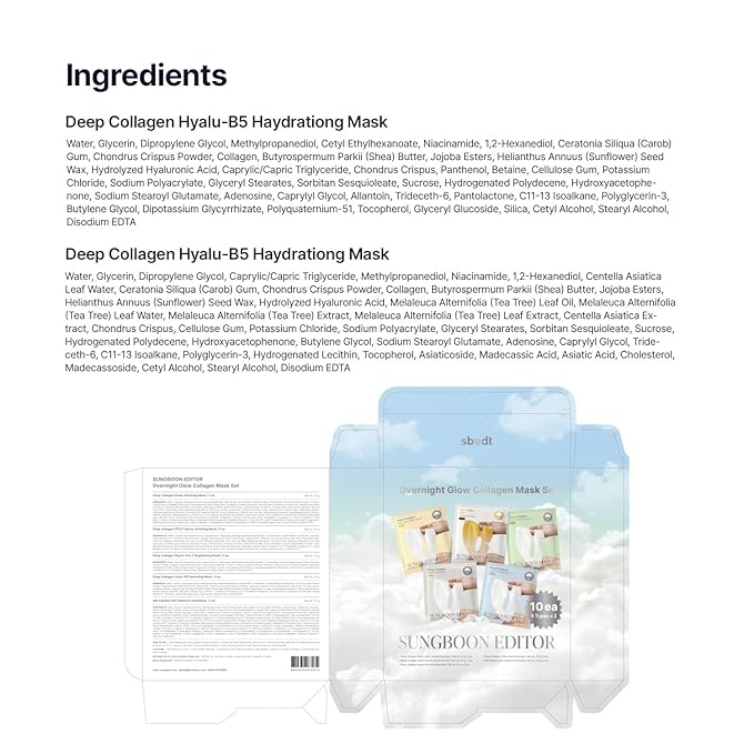 SUNGBOON EDITOR Deep Collagen Overnight Glow Mask Set, Korean Sheet Mask Trial Set with 10 Masks in 5 Types, Deep Collagen & Gold Overnight Mask for Hydration, Soothing, Glow and Firm-Looking Skin