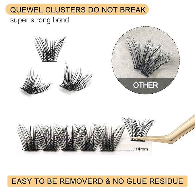 QUEWEL Cluster Lashes 72 Pcs Wide Stem Individual Lashes C/D Curl 8-16mm Length DIY Eyelash Extension False Eyelashes Fluffy Styles Soft for Personal Makeup Use at Home (Fluffy-C-MIX8-16)