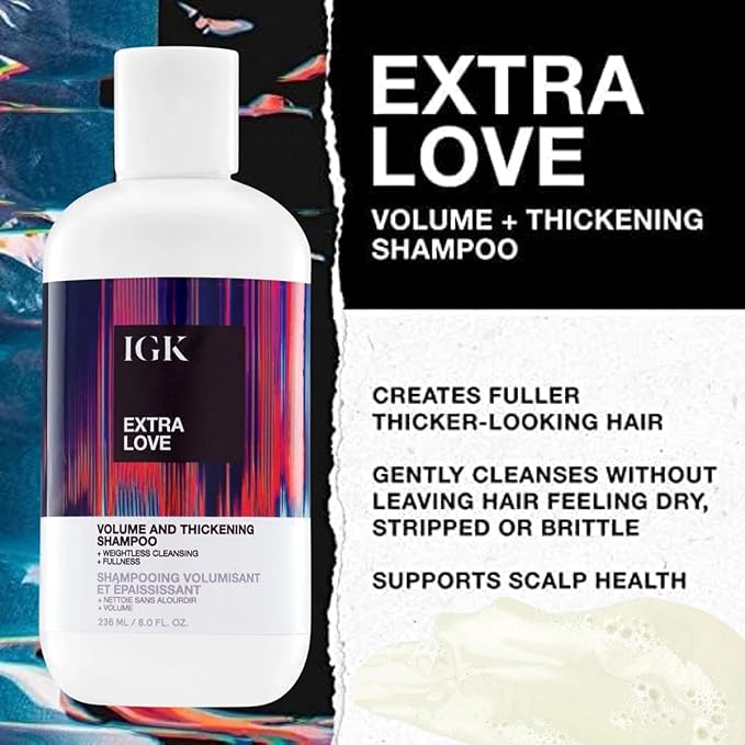 IGK EXTRA LOVE Volume & Thickening Shampoo | Volumizing Shampoo for Fine, Thin Hair | Hydrates + Supports Scalp Care | Vegan + Cruelty Free | 8 oz (Pack of 2)