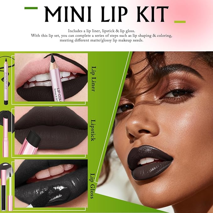3 PCS Black Lip Combo Set - Precision Matte Lip Liner and Lipstick with High-Shine Black Lip Gloss Smooth Long-Lasting Smudge-Proof High Pigment for Gothic Cosplay Makeup