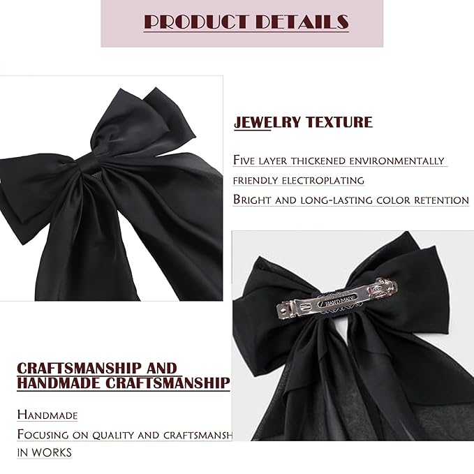 2Pcs Hair Bows For Women, Silky Ribbons Hair Women's Oversized Bow Metal Spring Clips Temperament Beautiful Hair Accessories Gift （Black, White, ）