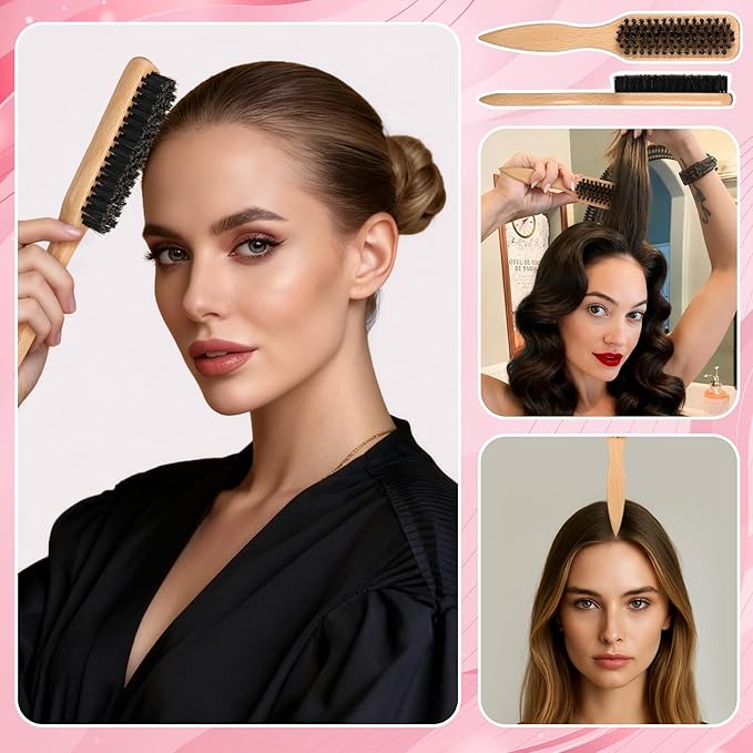 6 Pcs Boar Bristle Slick Back Hair Brush with Pink Edge Brush, Rat Tail Comb and Wide Tooth Comb for Women Men